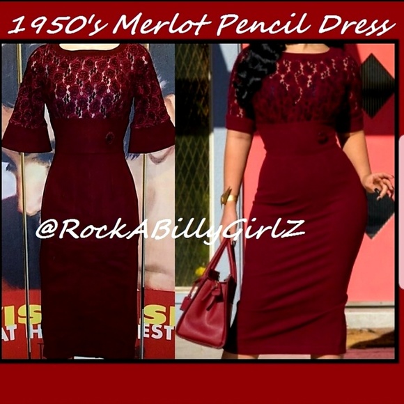 Tatyana Vintage Merlot Rose Lace Curve Hugging Pinup Bombshell Pencil Dress - Picture 1 of 8